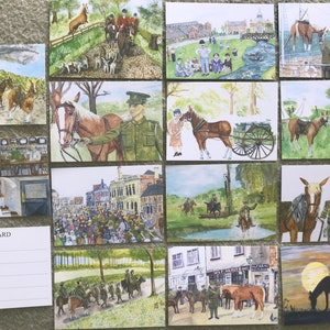 Illustrierte Postkarten aus dem Buch Songster Loughborough es Own War Horse, geschrieben von Alison Mott und illustriert von Liz Waddell