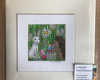 Easter Card, hand painted original colourful greetings card with bunny, hedgehog and easter eggs, with daisy flowers