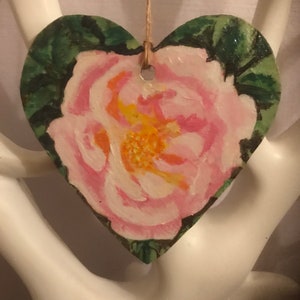 Valentine’s gift, Original hand painted, pink wild rose, wooden heart, unique hanging ornament.  A great love token.