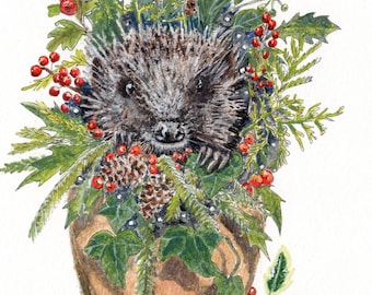 Pack of 6 Christmas Cards featuring a cute hedgehog hiding in a plant pot