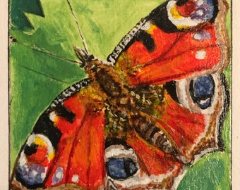 Butterfly Valentines Card, peacock butterfly, original painting for loved one on high quality brown card stock, suitable for framing