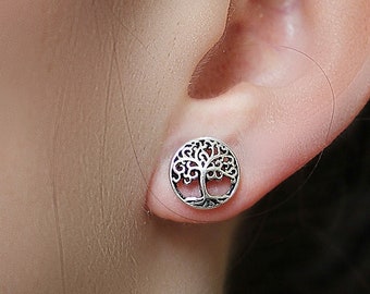 Boucles d'oreilles à tige en argent sterling avec arbre de vie, arbre généalogique, boutons en argent, boucles d'oreilles arbre celtique