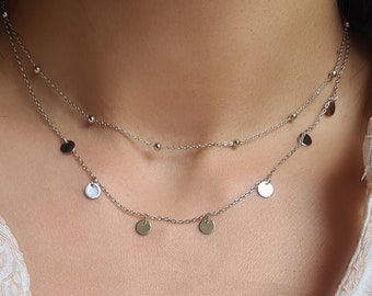 Sterling Silber Mehrere Strang Schichtung Layered Perlen Disc Halskette Choker