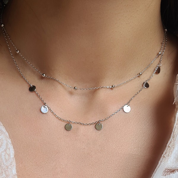 Mehrsträngige, mehrreihige, geschichtete, scheibenförmige Halskette aus Sterlingsilber mit kurzer Halskette