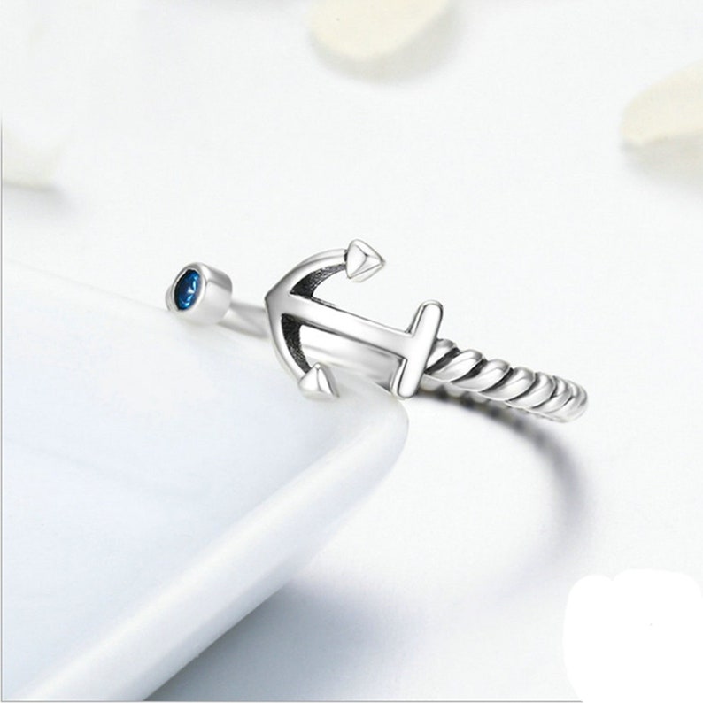 Sterling Silver Anchor and Rope Ring with a Blue Cubic Zirconia Crystal