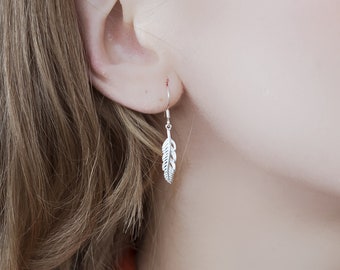 Sterling Silver Small Feather Dangle Drop Earrings freedom Bird Everyday Boho Earrings