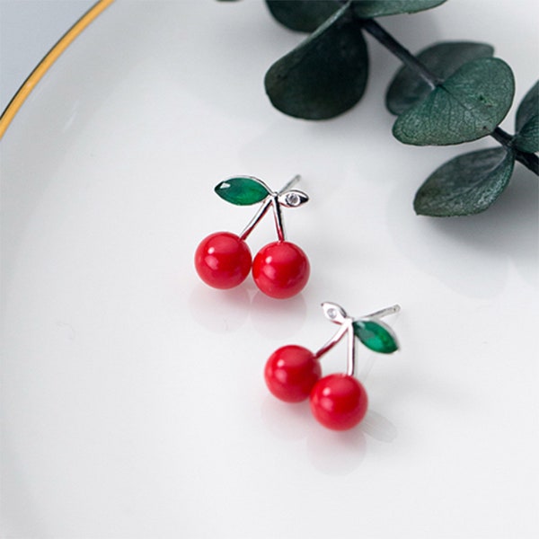 925 Sterling silver red cherry fruit earrings necklace summer fruit cherry stud earrings green leaf silver double bunch