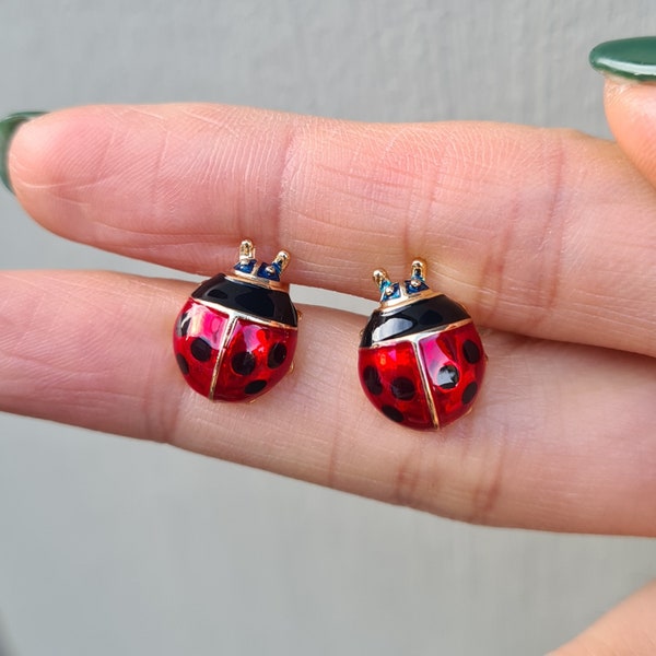 18K Gold Plated Red Enamel Ladybird Ladybug Stud Earrings beatles bug earrings