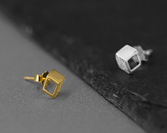 3D Mini Cube Sterling Silver Studs Earrings Gold plated Cube 3D Optical Illusion