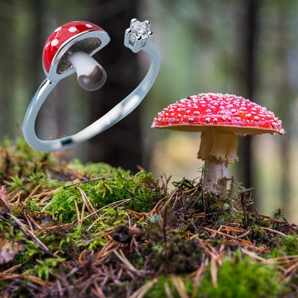 925 Sterling Silber Rot Magie Pilz Pilze Ring Offenes Band Natur inspiriert Wald Thema Märchen