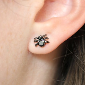 Oxidised Sterling Silver Black Spider Stud Earrings Halloween Gothic Insect
