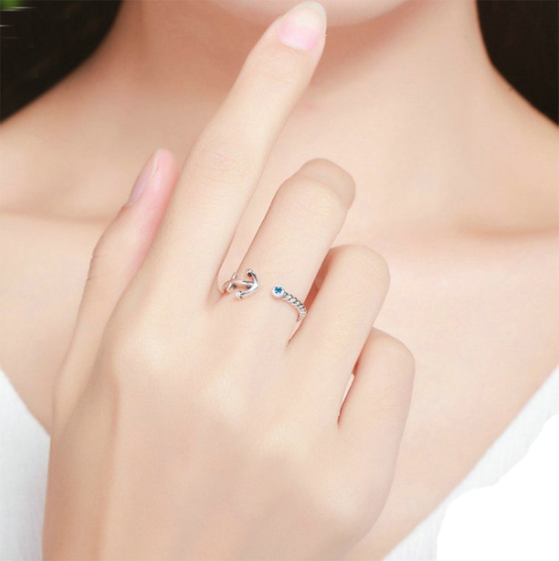 Sterling Silver Anchor and Rope Ring with a Blue Cubic Zirconia Crystal