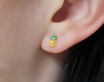 Gold Plated Yellow Green Enamel s925 Sterling Silver Mini Pineapple Tropical Fruit Studs Earrings