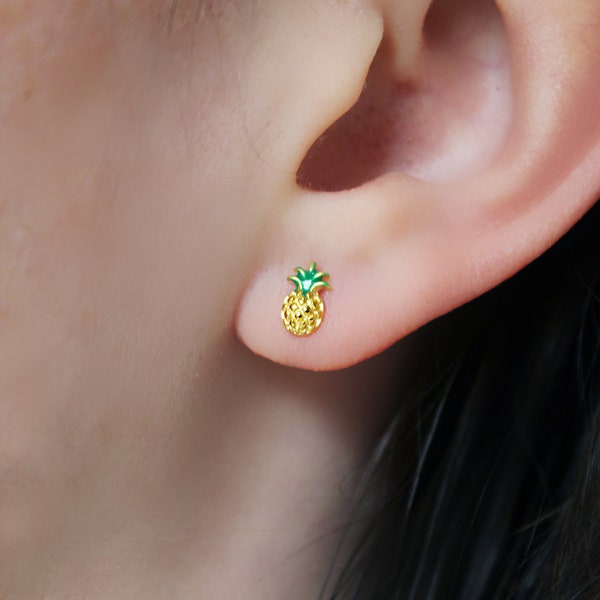 Gold Plated Yellow Green Enamel s925 Sterling Silver Mini Pineapple Tropical Fruit Studs Earrings