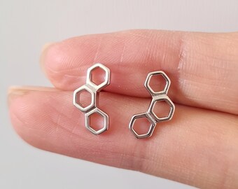 Sterling Silver Hexagon Trio Honeycomb Stud Earrings