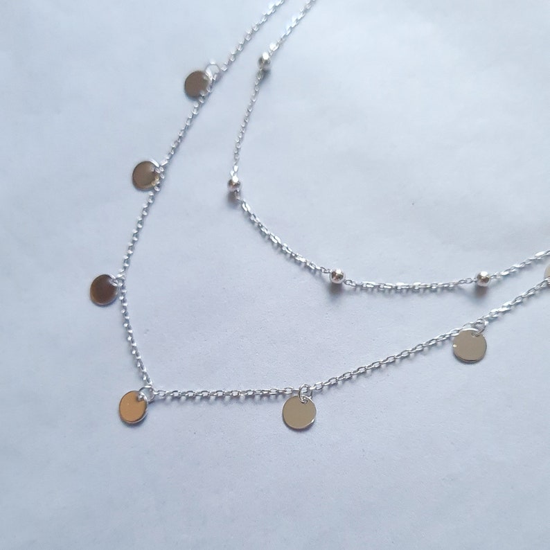 Mehrsträngige, mehrreihige, geschichtete, scheibenförmige Halskette aus Sterlingsilber mit kurzer Halskette Bild 6