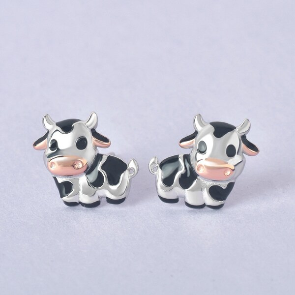 Boucles d'oreilles en argent sterling avec vaches laitières en jersey de vache Boucles d'oreilles en argent avec vache noire et blanche Bijoux d'animaux de la ferme