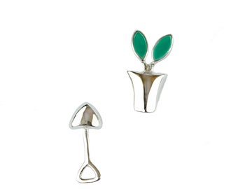 Sterling Silver Flower Plant Pot and Shovel Stud Earrings gardener earrings gardening farming jewellery