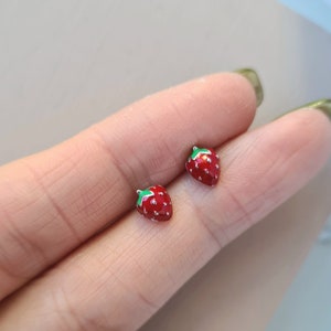 925 Sterling Silver Tiny Small Enamel Red Strawberry Stud Earrings Summer Jewellery Cute Strawberry Earrings