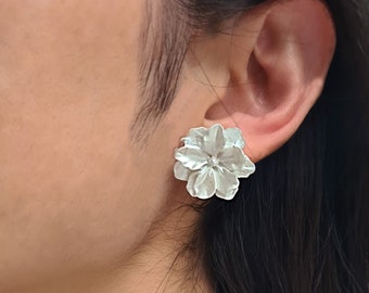 Large Ivory White Jasmine Flower Acrylic Flower Bud Earrings Sterling Silver Posts Lifelike Flower Earrings Statement Earrings
