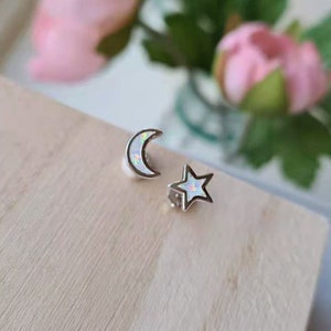 925 Sterling silver opal moon and star studs earrings crescent moon and star earrings Celestial jewellery