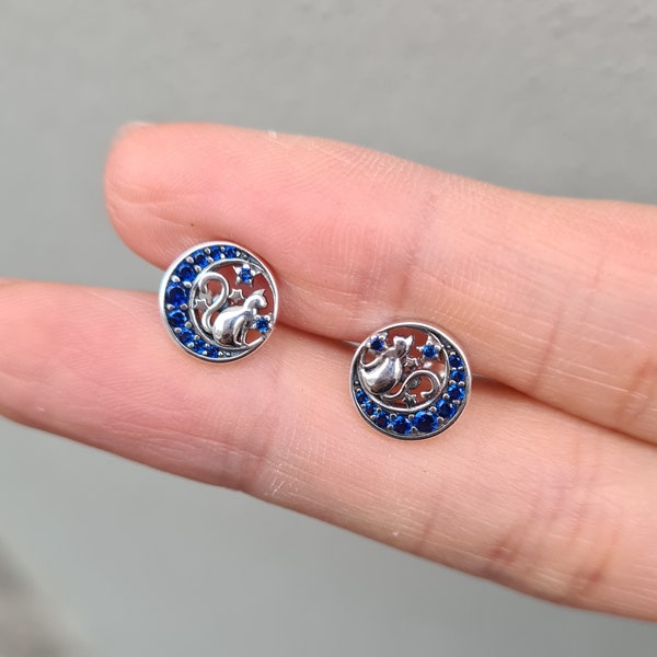 925 Sterling Silver Kitty Cat Sitting on Blue Crescent Moon Button Stud Earrings Cat Lover Jewellery