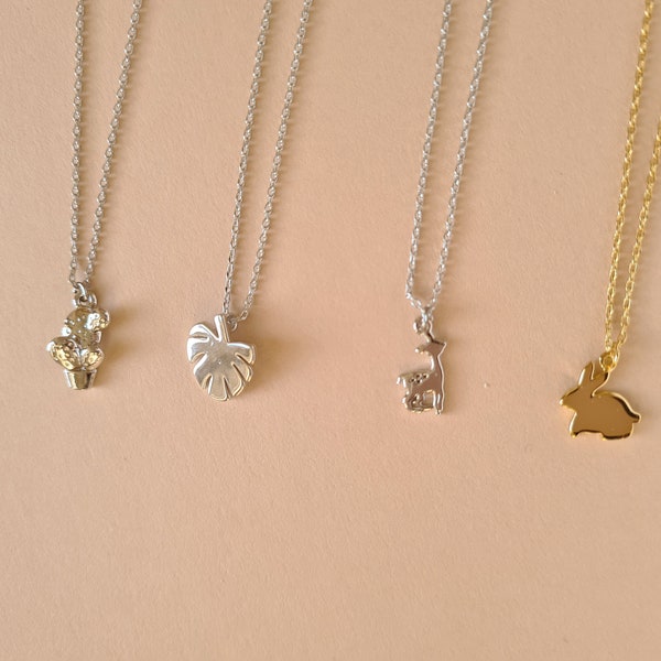 argent ou plaqué or mini feuille de Monstera lapin de Pâques lapin bambi cerf cactus collier pendentif