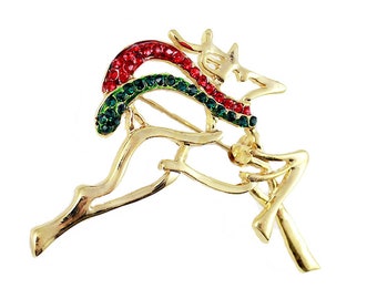 Vintage Style Festive Gold Plated Christmas Reindeer Crystal Brooch Pin