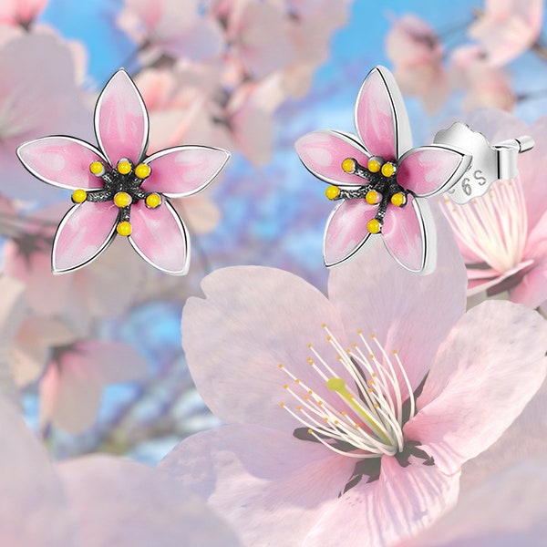sterling silver Sakura Japanese Cherry Blossom Pink Enamel Flower Stud Earrings