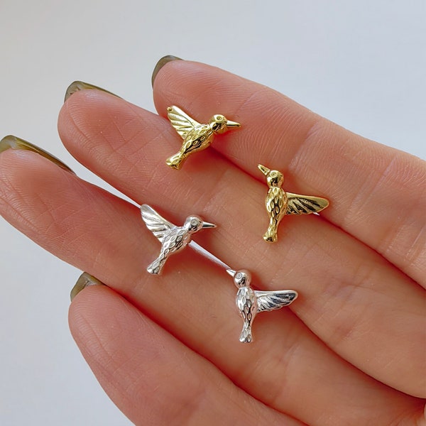 Sterling Silver or Gold Plated Flying Hummingbird Silver Bird Studs Earrings