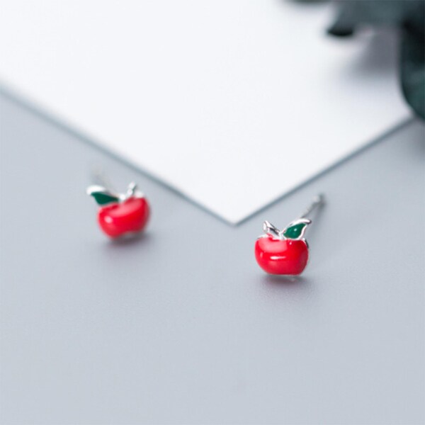 Boucles d'oreilles fruits pomme rouge en argent sterling 925 collier boucles d'oreilles clous émail pomme argent feuille verte fruit défendu