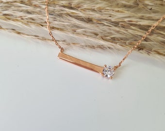 Rose Gold vergoldete Sterling Silber Mini Bar mit CZ Kristall Halskette Anhänger Minimalist Single Bar Halskette