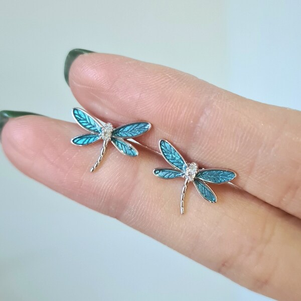 925 Sterling Silver Blue Enamel Dragonfly Studs Earrings Insects Libelle