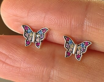 Mini Butterfly Sterling Silver Stud Earrings Girl Earrings with multiple Rainbow Rhinestones in Pink, Purple, Red