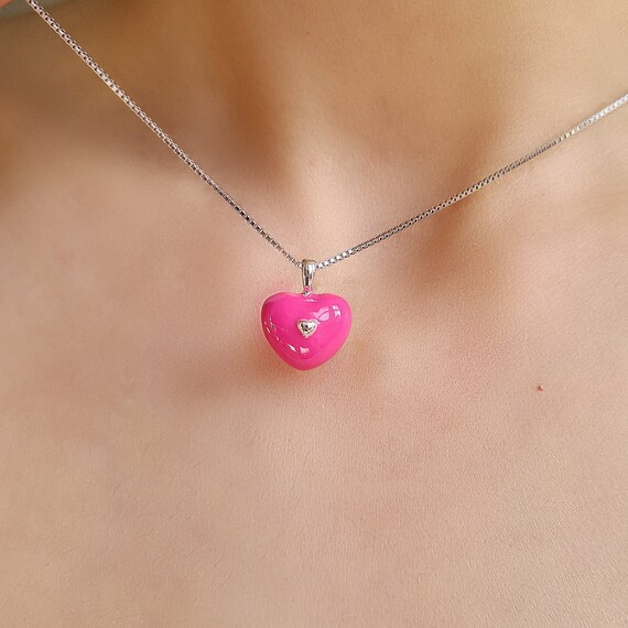 Pink enamel heart necklace deals