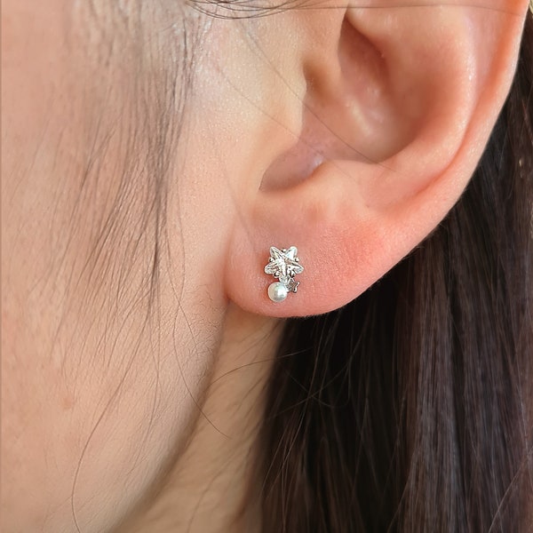 Sterling Silver Wish Upon A Star Wish Star Silver Stud Earrings Pearls Bridesmaid Earrings Everyday Earrings Girl Earrings