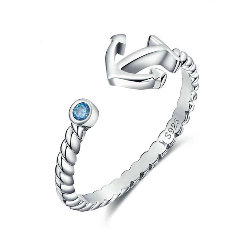 Sterling Silver Anchor and Rope Ring with a Blue Cubic Zirconia Crystal