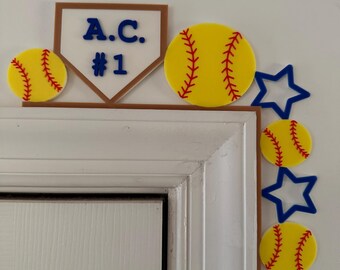 Personalized Softball Door Topper – Custom Name & Number | Softball Decor