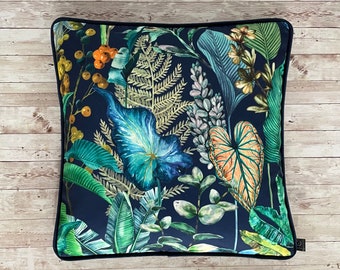 Tropical velvet cushion, botanical cushion, velvet, tropical palm velvet, blue cushion