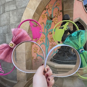 May include: A pair of pink and green Minnie Mouse ears with a pink bow and a green bow. The ears are decorated with a silhouette of a princess in a dress. The text "Anastasia" is written on the pink ear and "Aurora" is written on the green ear.