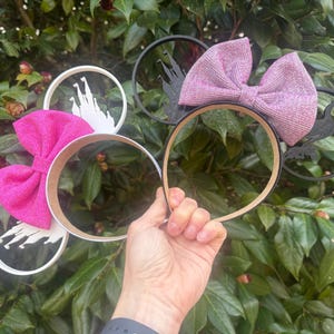 Castle park Mouse Ears, 3D Castle Minnie Mouse Ears, Hot pink bow Castle Ears, Castle Inspired mouse ears,  sparkle bow castle mouse ears