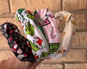 Christmas Top Knot Headband, Top knot headband, Holiday top knot headband, print top knot headband, headband, Mean One print headband,