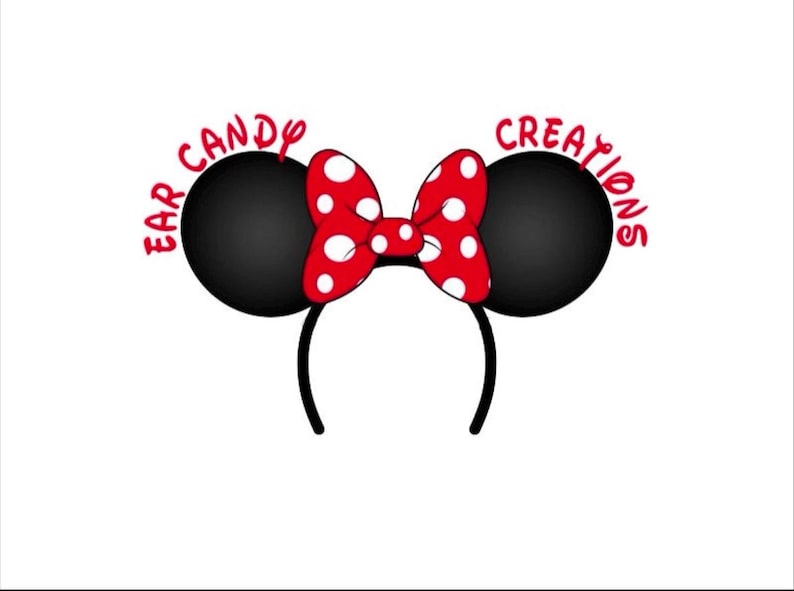Puede incluir: Diadema de orejas de rat&oacute;n negras con un lazo rojo con lunares blancos. La diadema dice "Ear Candy Creations" en letras rojas.