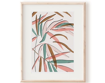 May include: A framed print of a stylized illustration of tropical leaves in shades of pink, brown, and green.