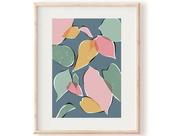May include: Abstract art print featuring a blue background with overlapping pink, yellow, and green shapes resembling leaves.