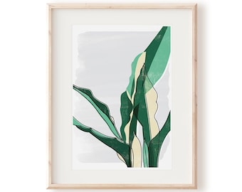 May include: A framed print of a stylized illustration of a green plant with a light gray background.