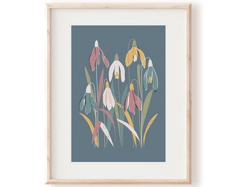 Blue and Pink Abstract Floral A4 A3 Wall Art Print | Snowdrop January Birth Month Picture