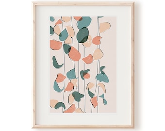 May include: Abstract art print featuring a pink background with a pattern of overlapping teal, peach, and orange shapes. The shapes are arranged in a vertical pattern, resembling a hanging plant.
