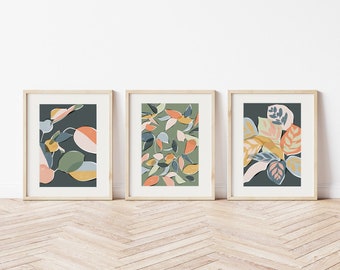 Set of 3 Grey, Green and Mustard A4 A3 Art Prints  | Contemporary Botanical Gallery Wall Art by Rachel Mahon