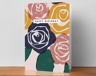 Rose Floral Happy Birthday Card  | Contemporary Botanical Abstract Art Birthday Card by Rachel Mahon